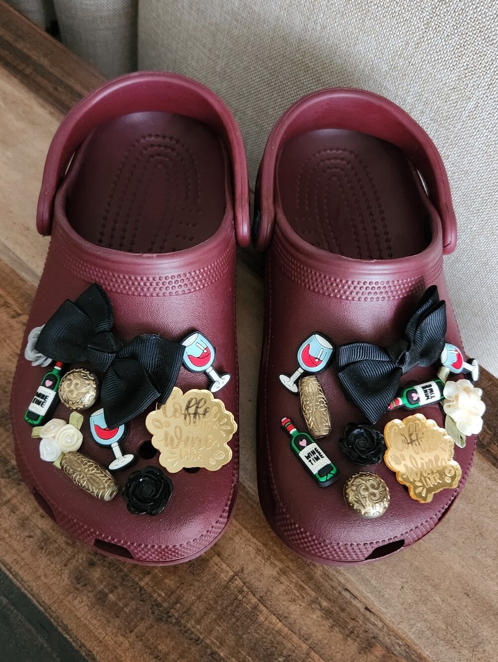 Woman's CROCS Burgundy Slip-On Clogs with Decorative CUSTOM WINE THEME CHARMS